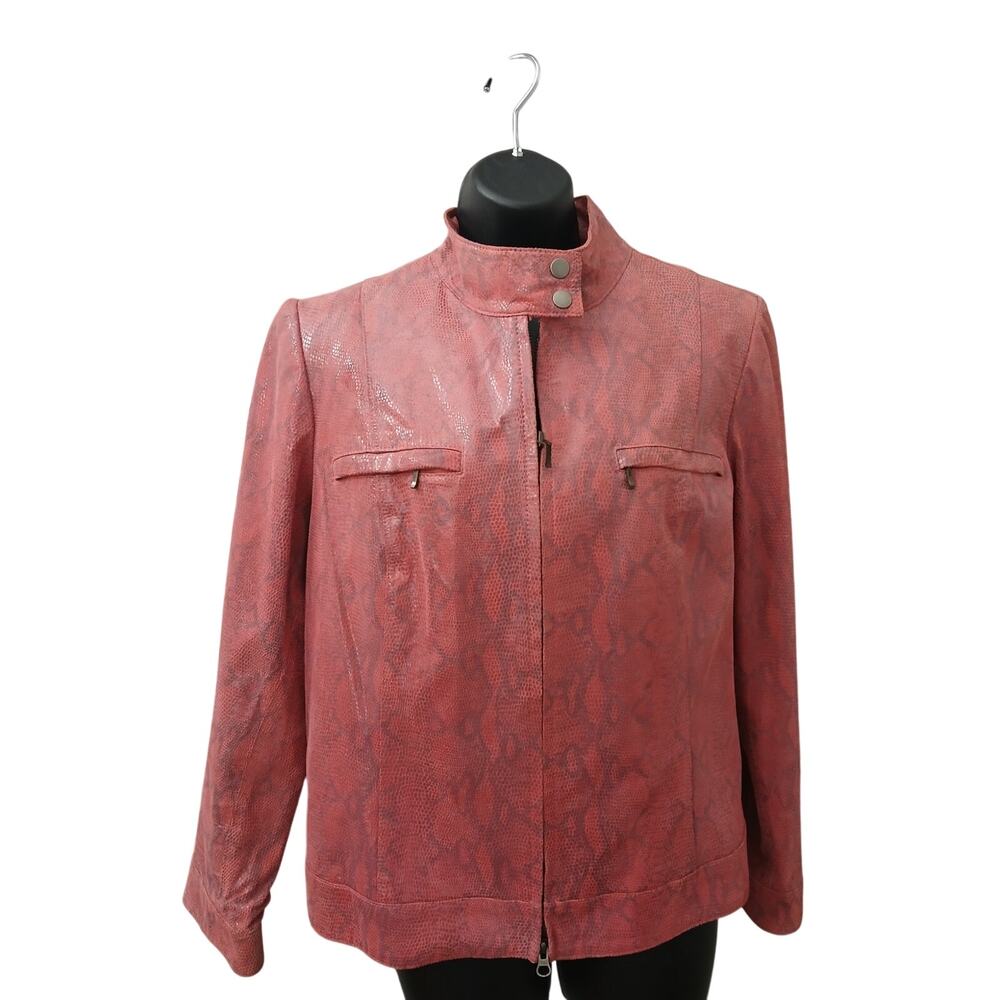 Alfani Pink Snake Print Genuine Leather Jacket Pockets Zipper Front Lined Sz 1x